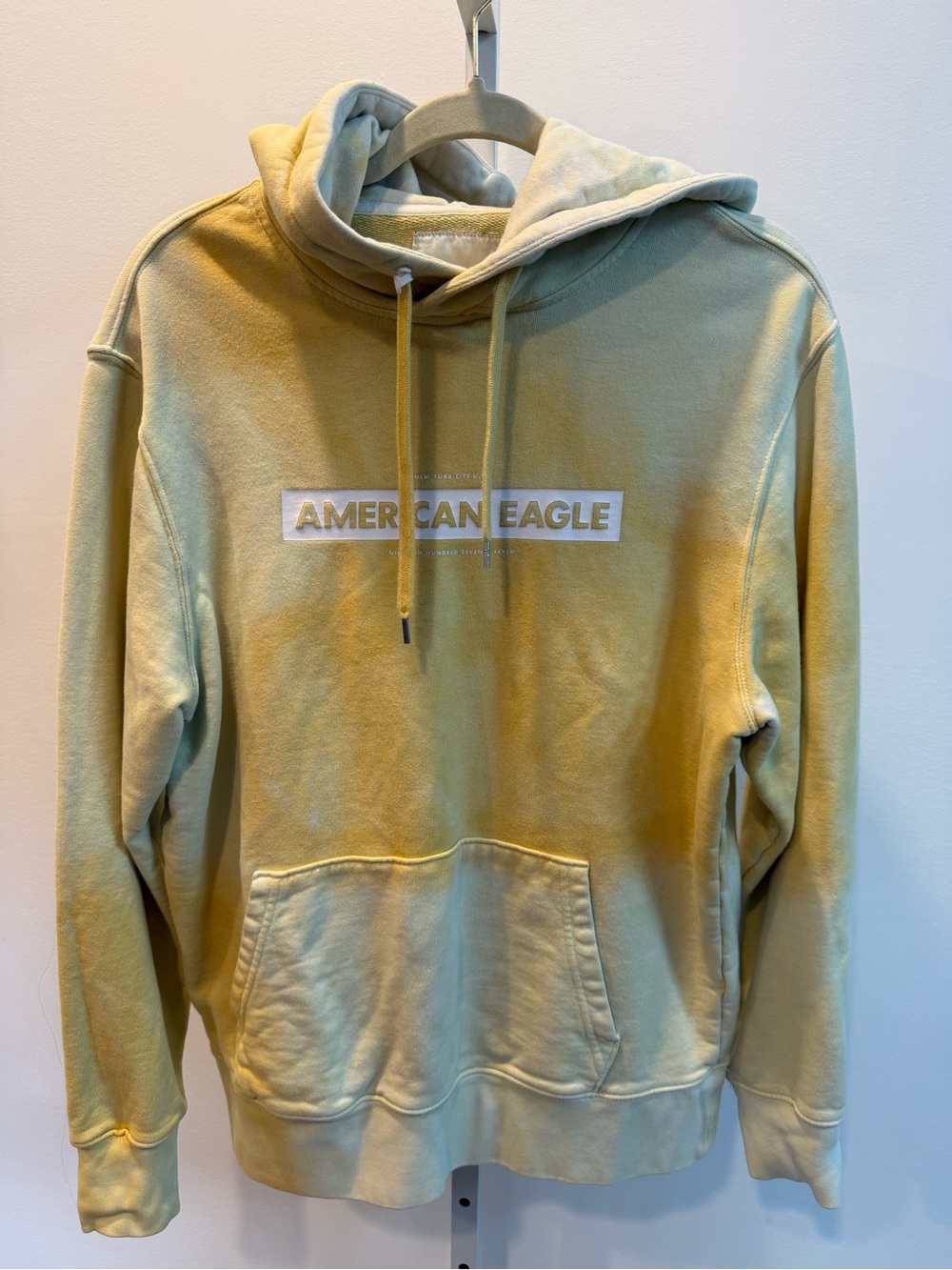 AE American Eagle Outfitters Men's Pale Yellow Hoodie Acid Wash Grunge Size S